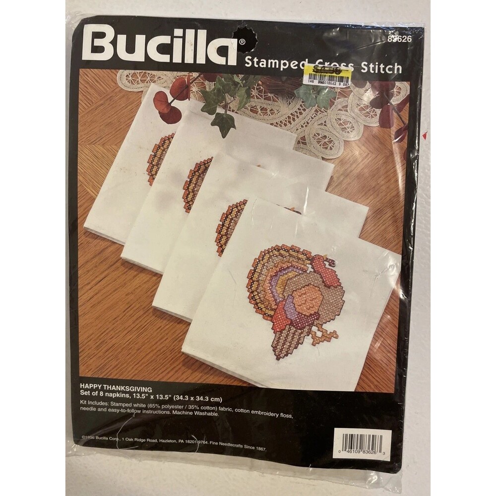 Bucilla Stamped cross Stitch Happy Thanksgiving 8 Napkins Turkey 83626 kit